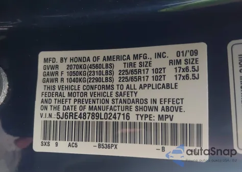 2009 Honda Cr-V Ex-L z USA, uszkodzony, nr VIN 5J6RE48789L024716